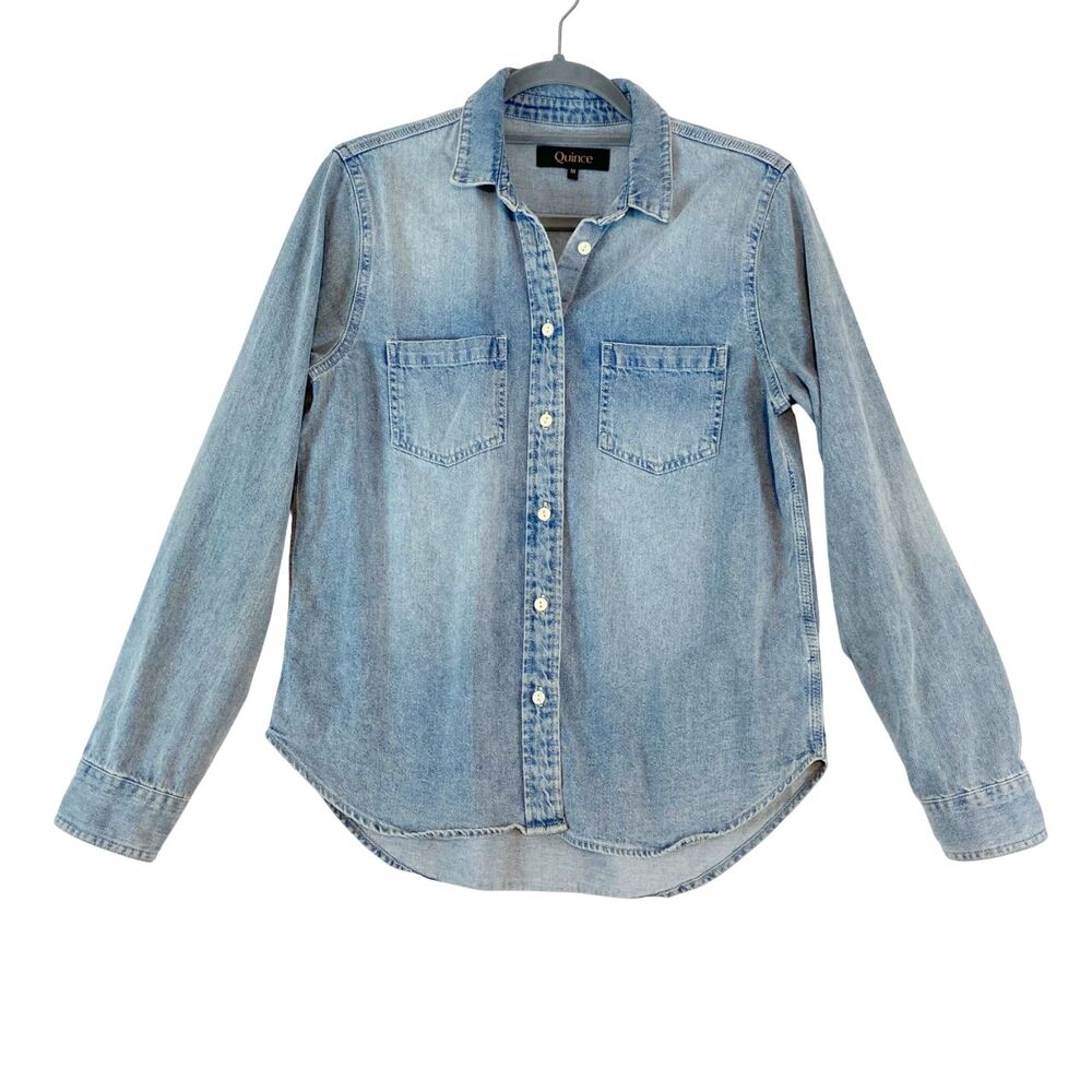 Quince Distressed Denim Shirt Womens M Blue Cotton Long Sleeve Western Button Up